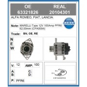 RE20104301 ALTERNATORE MARELLI  63321826 12V 100amp PULEGGIA 6 GOLE FIAT ALFA AROME LANCIA1.9 JTD